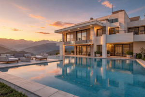 Residencia de lujo con piscina al atardecer