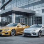 Colección de coches de lujo frente a edificio moderno