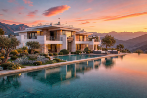 Residencia de lujo con piscina al atardecer
