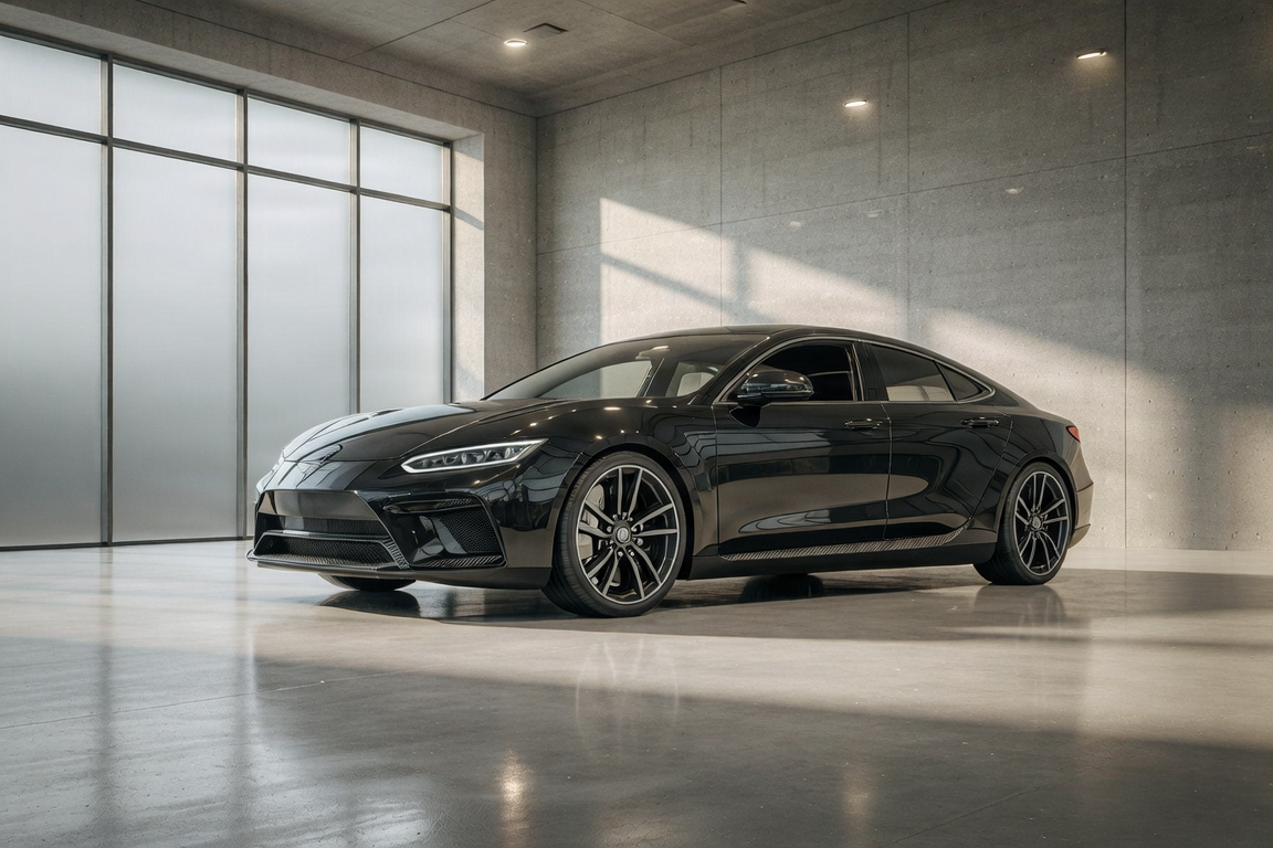 Luxury modern car in a minimalist showroom, soft lighting, professional automotive photography.